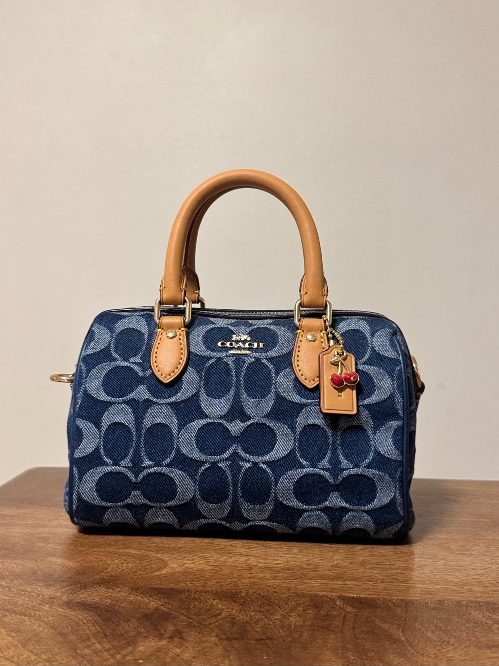 Coach Denim Mini Rowan 2025 Signature Denim with mini Cherry charm